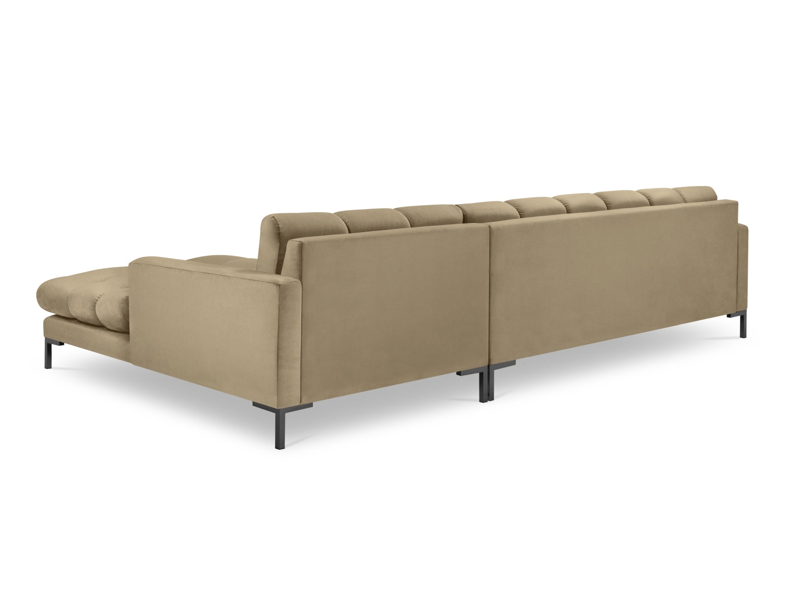 Stylisches Mamaia Velour Ecksofa in Beige und Schwarz, 5-Sitzer, ideal für zeitgemäße Wohnräume mit einem Hauch von Luxus.