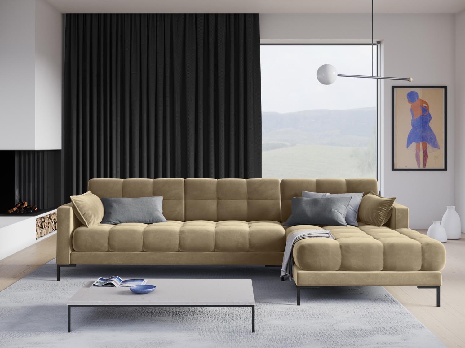 Elegantes Mamaia Velour Ecksofa in Beige und Schwarz, ideal für stilvolle Wohnräume. Komfortables 5-Sitzer Design von Micadoni.