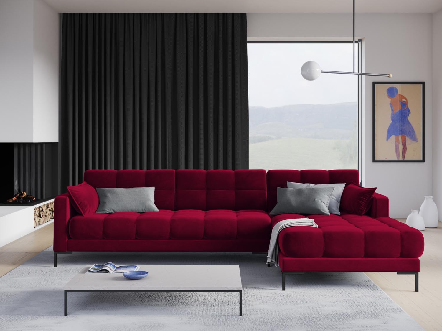 Elegantes Mamaia Velour Ecksofa in Rot und Schwarz, ideal für stilvolle Wohnräume. Komfortables 5-Sitzer Design von Micadoni.