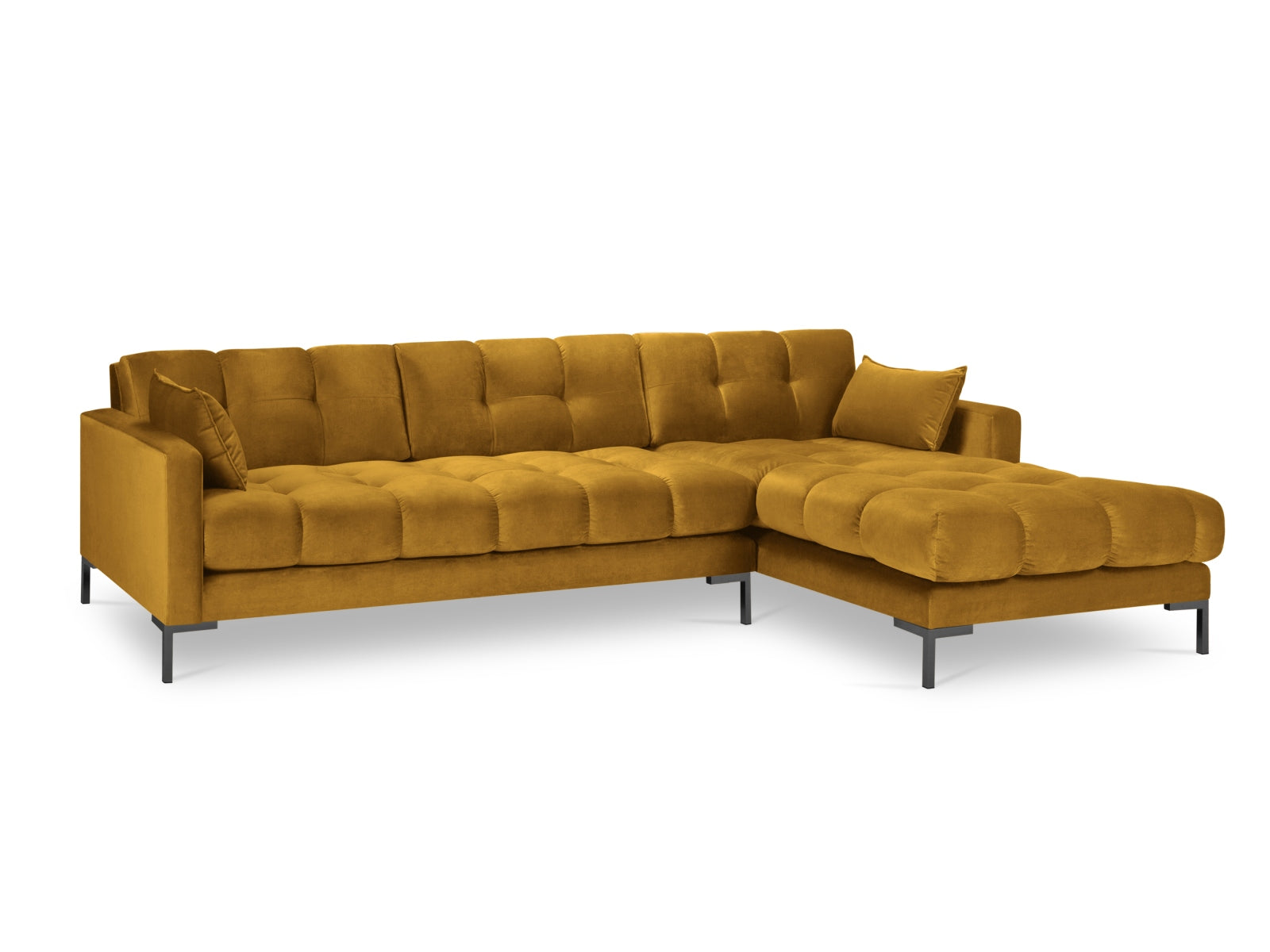 Erleben Sie das Mamaia Velour Ecksofa rechts von Micadoni – ein 5-Sitzer, der Stil, Komfort und Funktionalität vereint und Ihr Wohnzimmer aufwertet.