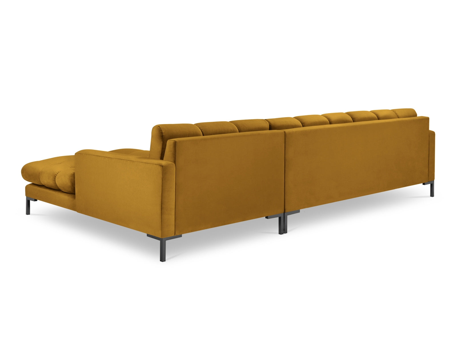 Elegantes Mamaia Velour Ecksofa in Gelb und Schwarz, ideal für stilvolle Wohnräume. 5-Sitzer von Micadoni für komfortable Entspannung.