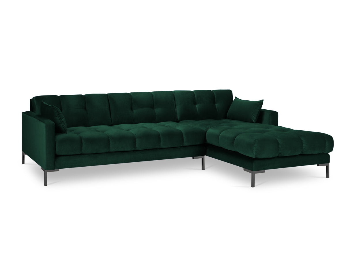 Mamaia Velour Ecksofa rechts 5 Sitzer in Bottle Green/Schwarz-Bluvel präsentiert im Onlineshop von KAQTU Design AG. L-Sofa rechts ist von Micadoni