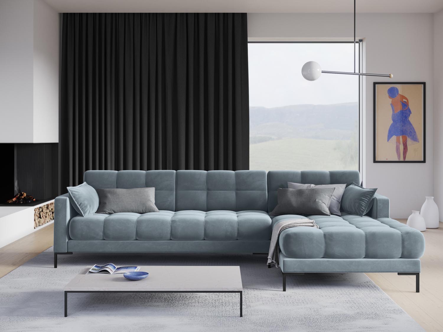 Elegantes Mamaia Velour Ecksofa in sanftem Hellblau und Schwarz, ideal für stilvolle Wohnräume. Komfortables 5-Sitzer Design von Micadoni.