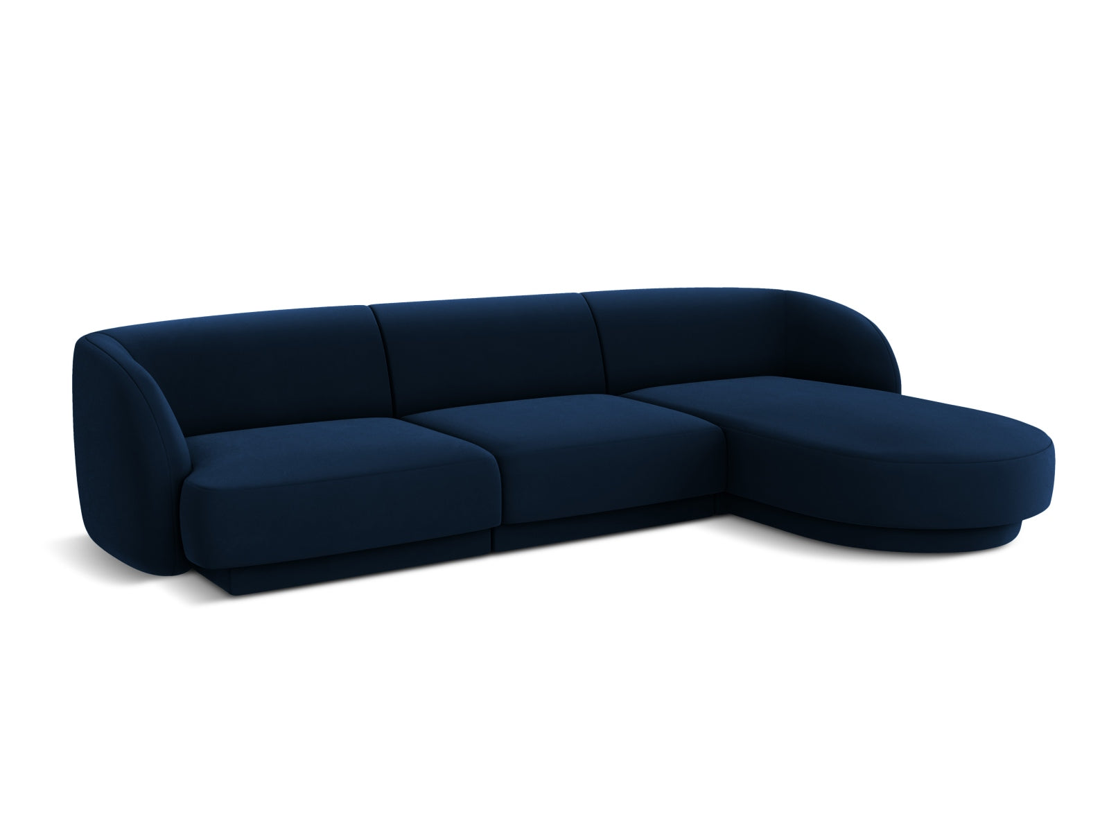 Luxuriöses Miley Velour Ecksofa in Royalblau, 4-Sitzer, rechtsseitig, perfekt für moderne Wohnkonzepte, angeboten von Micadoni.