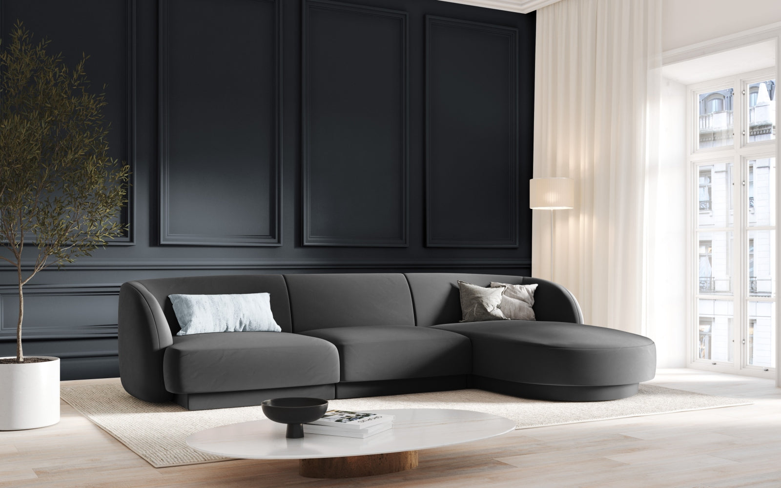 Entdecken Sie das stilvolle Miley Velour Ecksofa rechts 4 Sitzer von Micadoni – ideal für Komfort und Eleganz in Ihrem Wohnzimmer.