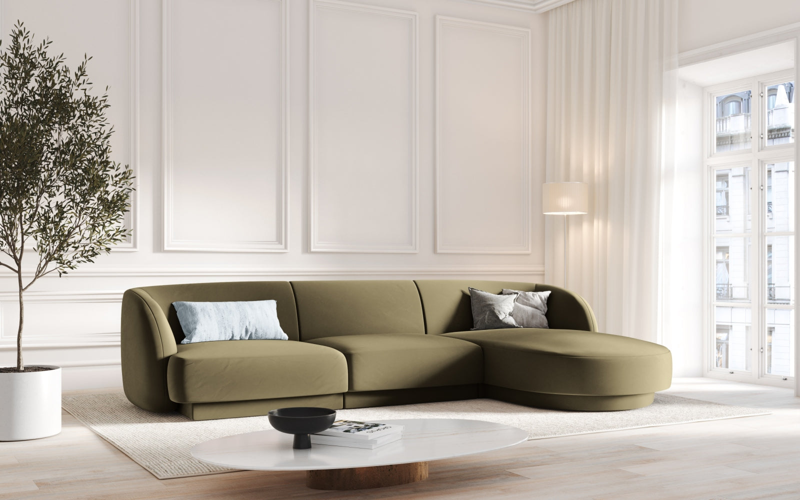 Entdecken Sie das stilvolle Miley Velour Ecksofa rechts 4 Sitzer von Micadoni – ideal für Komfort und Eleganz in Ihrem Wohnzimmer.