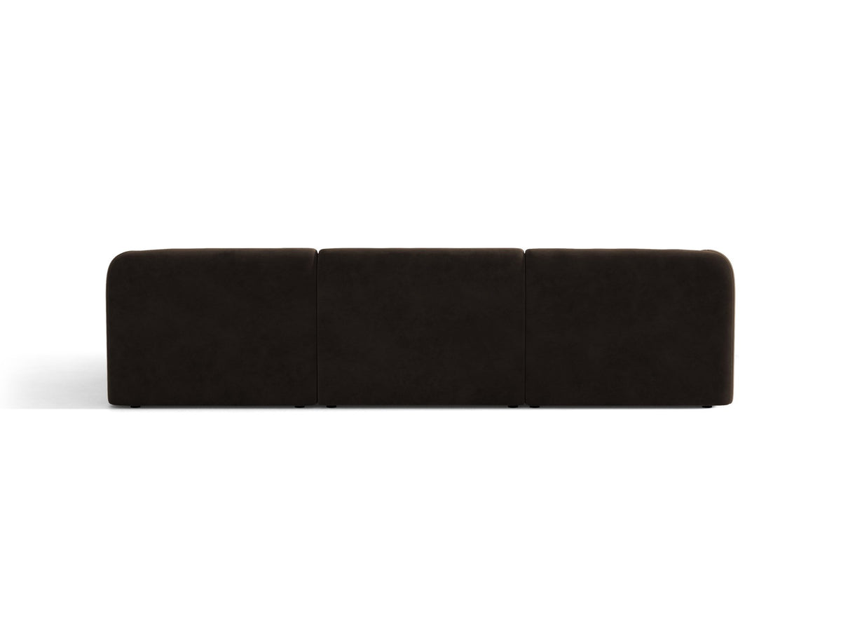 Dunkelbeiges L-Sofa Miley von Micadoni mit Bluvel-Stoffbezug, schwarzen Kunststoffbeinen und modularer Bauweise, rechts ausgerichtet.