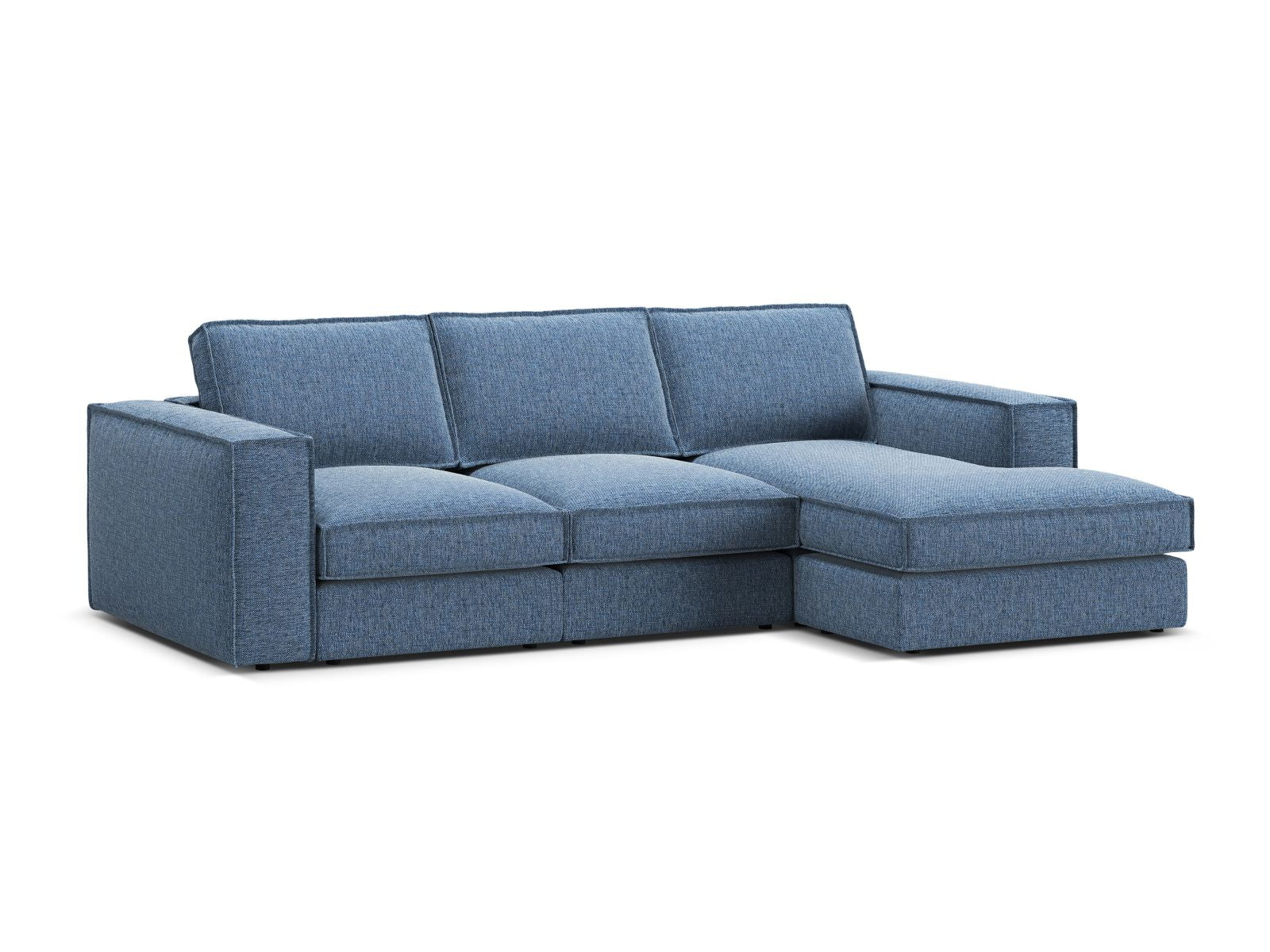 Elegantes 3-Sitzer Ecksofa rechts Pola in trendigem Blau, ideal für stilvolle Wohnräume und entspannte Abende.