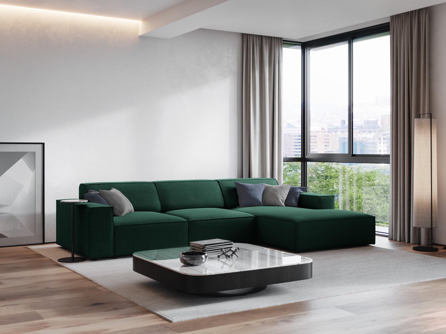 Elegantes, modulares Ecksofa Jodie in Grün, ideal für stilvolle Wohnräume. Komfortables 4-Sitzer-Design von Micadoni.