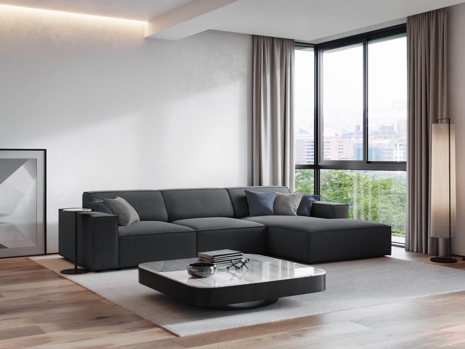 Gemütliches, modernes Ecksofa in Dunkelgrau, ideal für stilvolle Wohnräume. Perfekt als 4-Sitzer für entspannte Abende.
