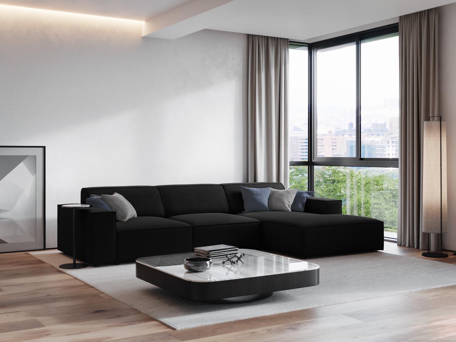 Elegantes, modulares Ecksofa Jodie in Schwarz, ideal für stilvolle Wohnräume. Komfortables 4-Sitzer-Design von Micadoni.