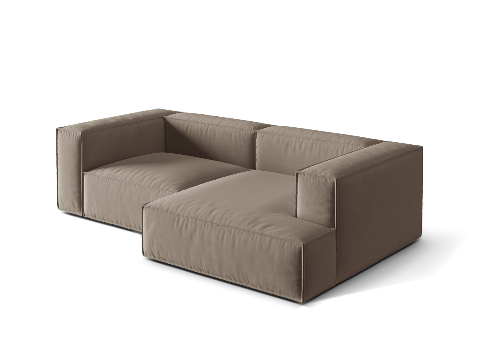 Modulares Nuria Velour Ecksofa in sanftem Warm Grey, 3-Sitzer, rechtsseitig, perfekt für moderne und elegante Wohnambiente von Micadoni.