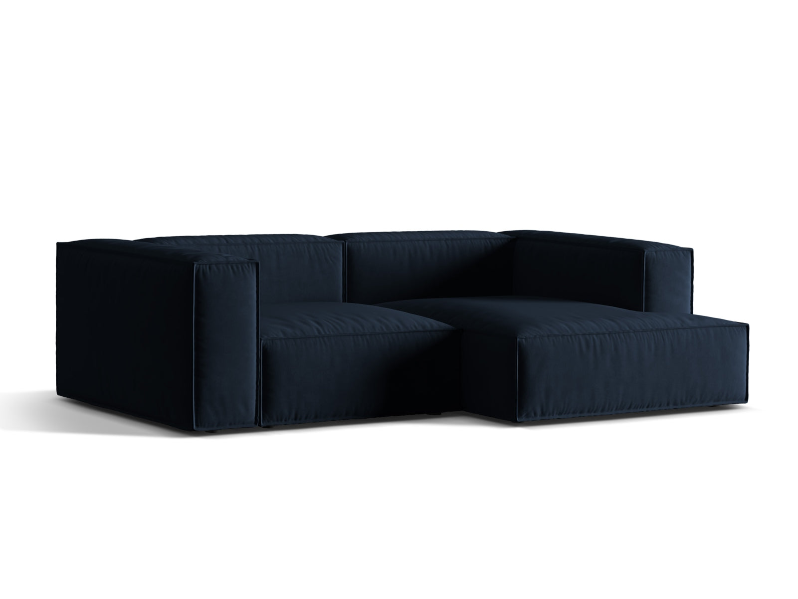 Elegantes Nuria Velour Ecksofa in Dunkelblau, ideal für stilvolle Wohnräume. Modular und bequem, perfekt für entspannte Abende.