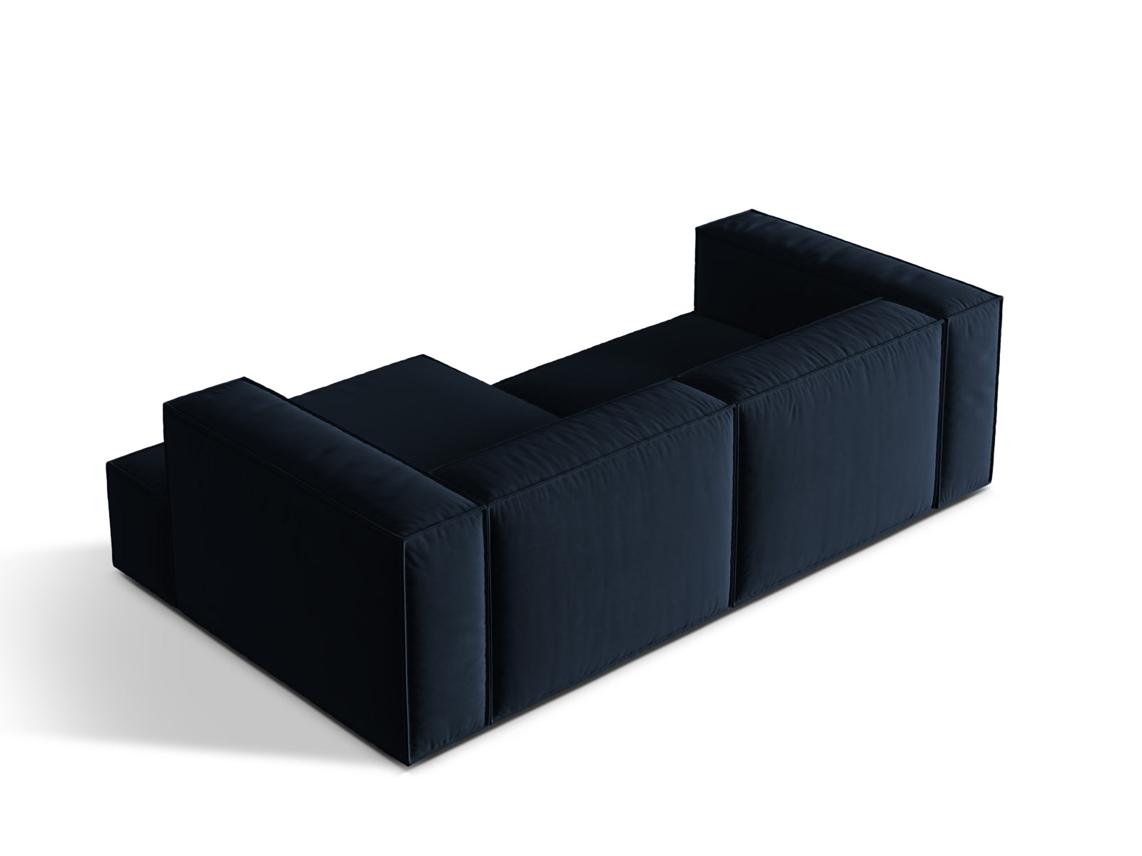 Elegantes Nuria Velour Ecksofa in Dunkelblau, rechtsseitig, perfekt für moderne Wohnräume und gesellige Zusammenkünfte.