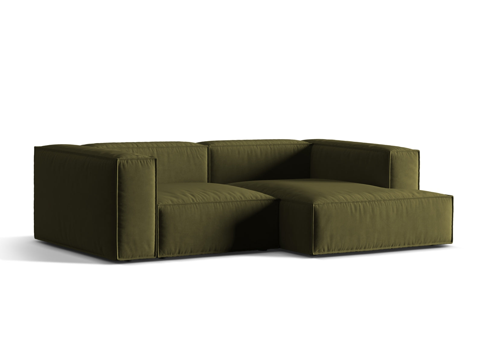 Elegantes Nuria Velour Ecksofa in Moss Green Melange, ideal für stilvolle Wohnräume. Modular und bequem, perfekt für entspannte Abende.
