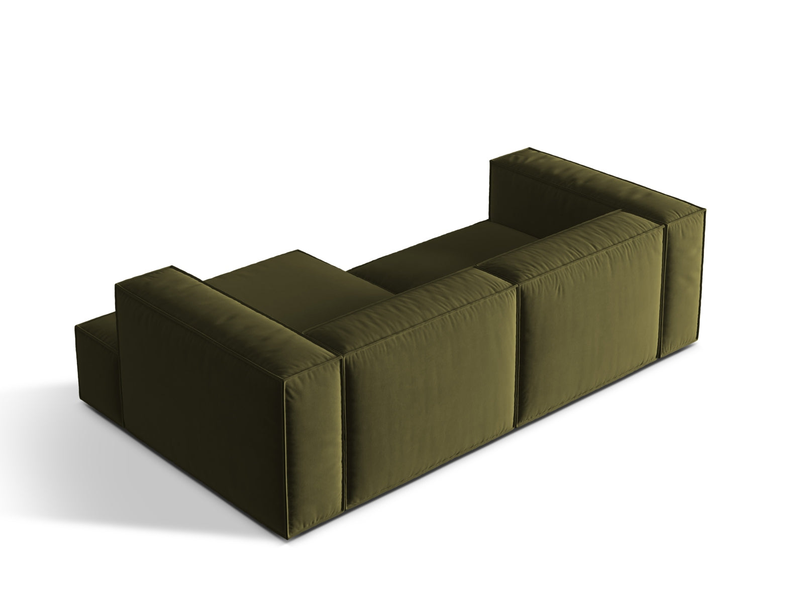 Elegantes Nuria Velour Ecksofa in Moss Green Melange, perfekt für entspannte Stunden und stilvolle Akzente in Ihrem Wohnraum.