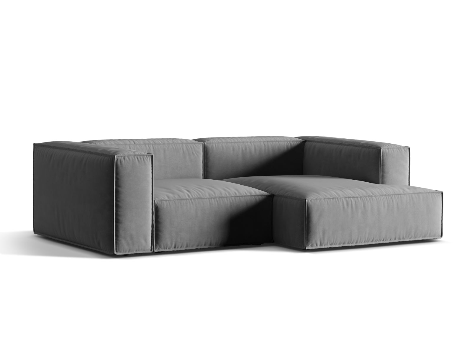 Elegantes Nuria Velour Ecksofa in Grau, 3-Sitzer, modular und rechtsseitig, ideal für stilvolle Wohnräume, von Micadoni.