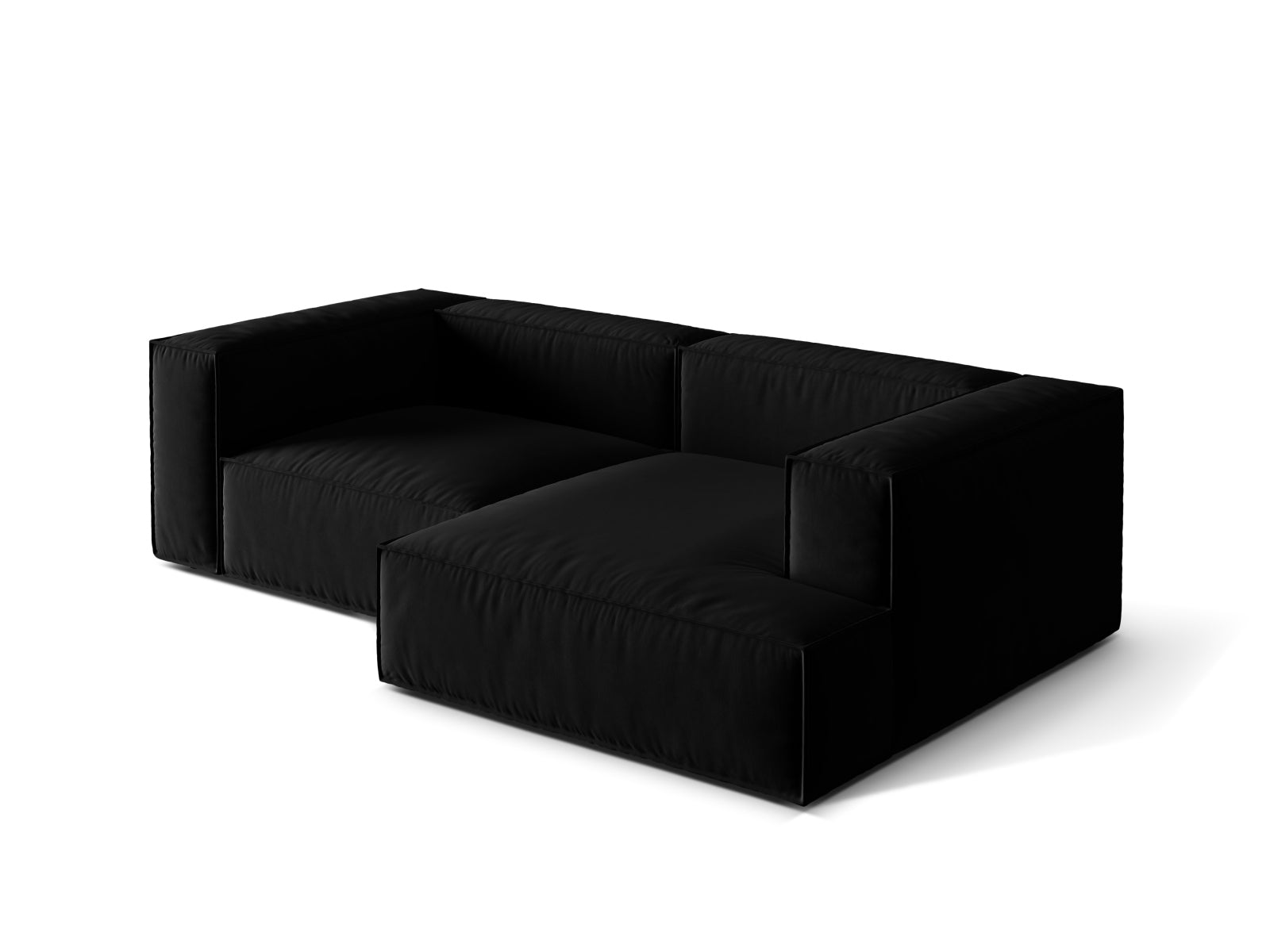 Modulares Nuria Velour Ecksofa in edlem Schwarz, rechtsseitig, bietet Komfort und Stil für Ihr Wohnzimmer. Ideal für gesellige Abende.
