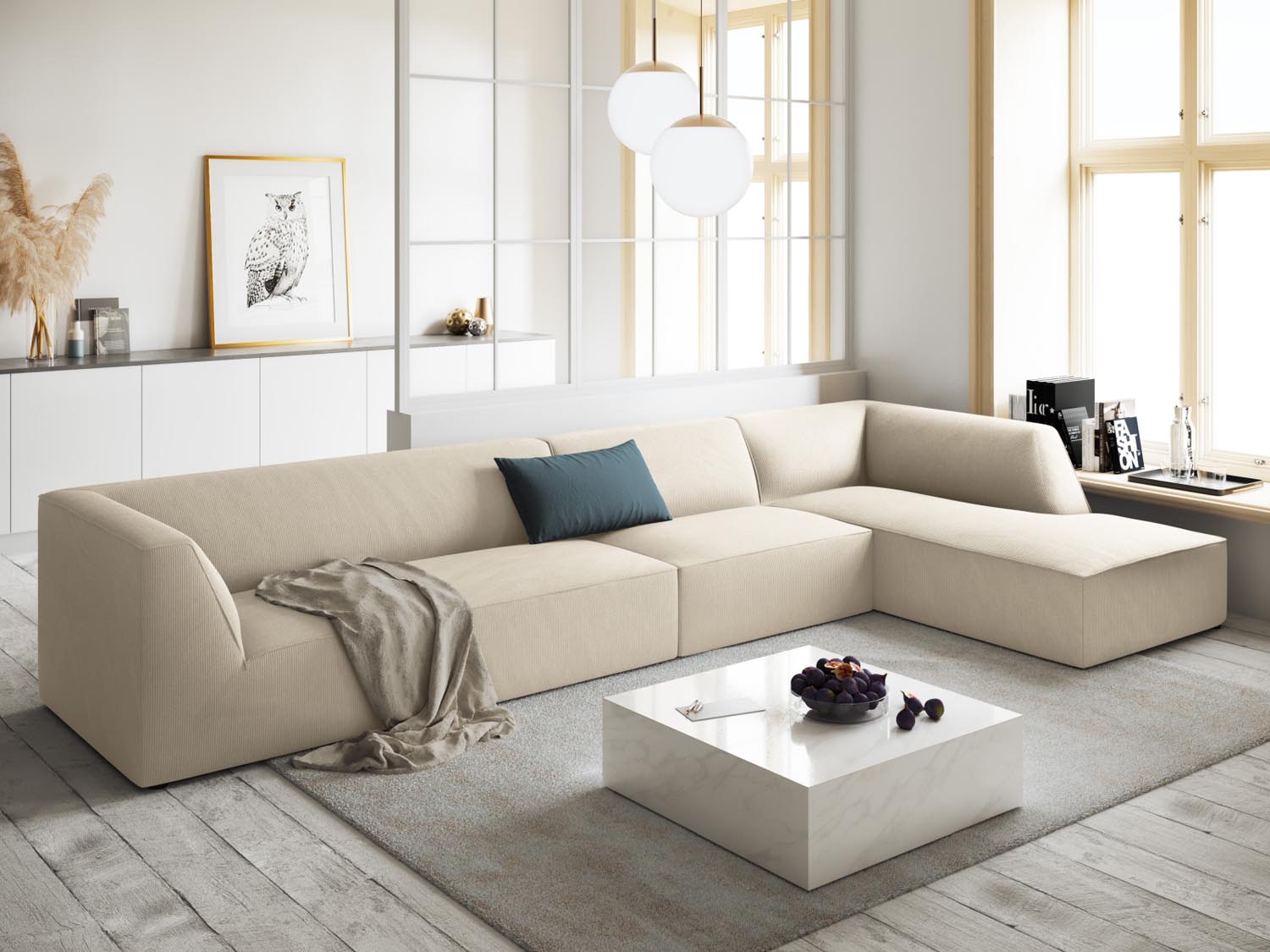Elegantes Ruby Ecksofa in Light Beige, 5-Sitzer, ideal für stilvolle Wohnräume. Modulares Design von Micadoni für individuelle Anpassung.