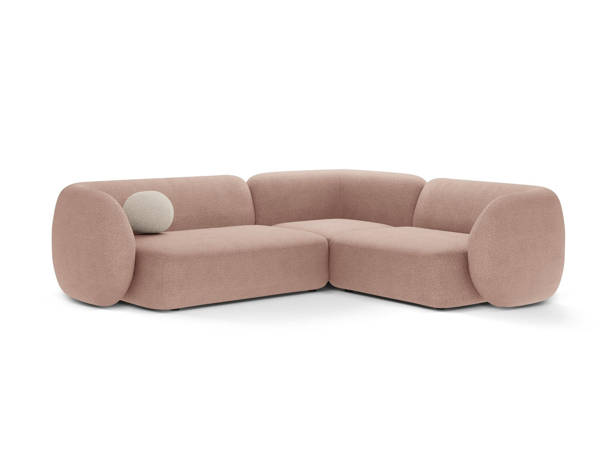 Weisses Ecksofa rechts von Micadoni aus der Kate-Serie mit strukturiertem Bouclé-Stoff, schwarzen Kunststoffbeinen und modularem Aufbau.