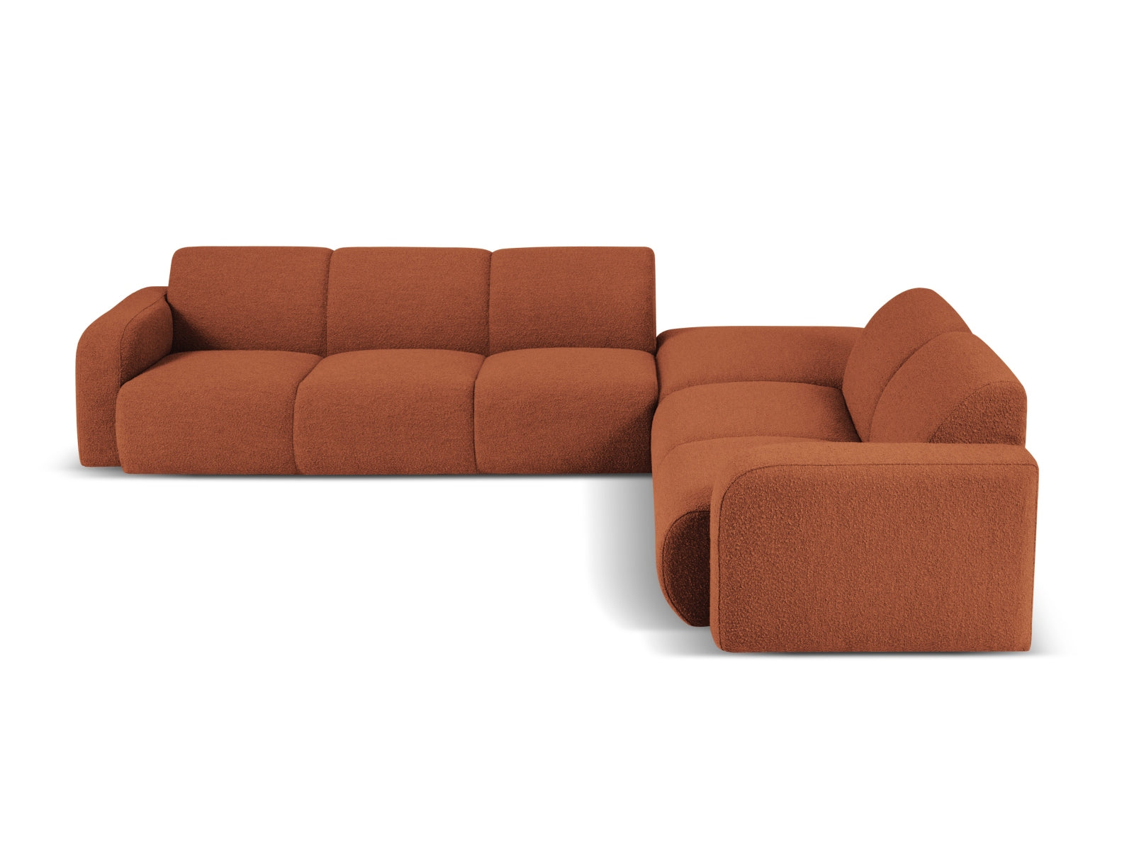 Elegantes Molino Boucle Ecksofa rechts im warmen Terracotta-Ton, ideal für stilvolle Wohnräume. 6-Sitzer von Micadoni.