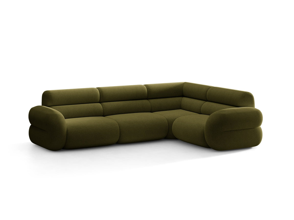 Neo Linkes Ecksofa von Micadoni in dunklem Olivgrün, L-Sofa rechts mit Bouclé-Stoffbezug, hoher Rückenlehne und schwarzen Kunststoffbeinen.