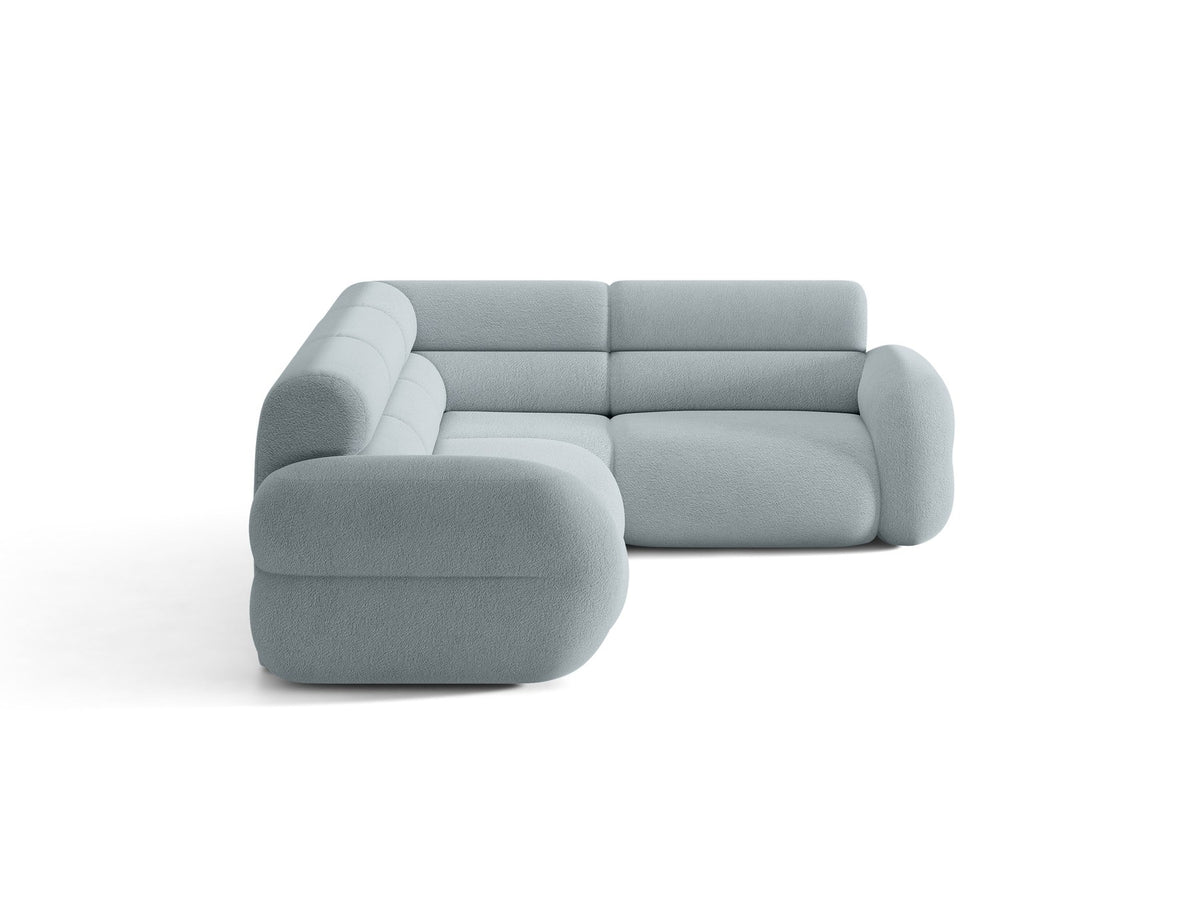 Neo Linkes Ecksofa von Micadoni in dunklem Olivgrün, L-Sofa rechts mit Bouclé-Stoffbezug, hoher Rückenlehne und schwarzen Kunststoffbeinen.