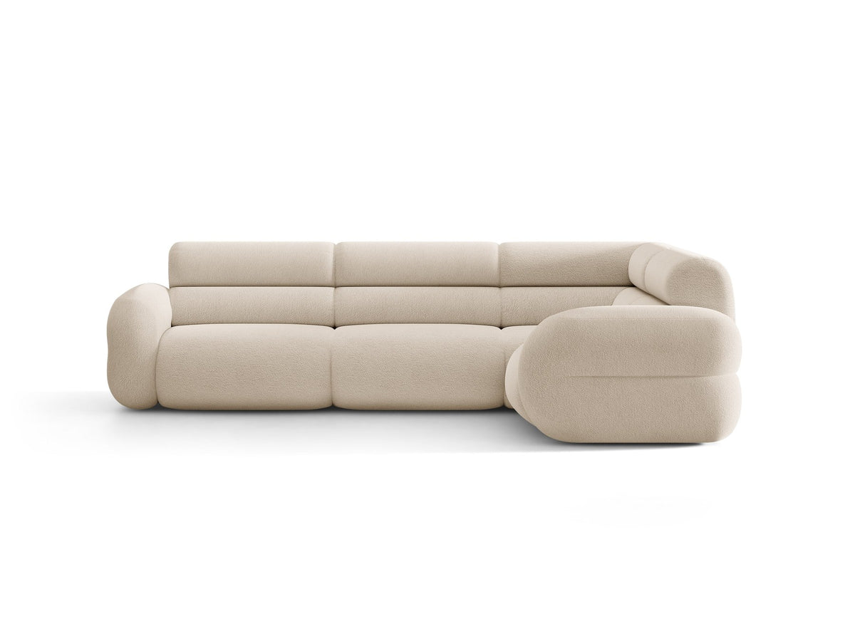 Neo Linkes Ecksofa von Micadoni in dunklem Olivgrün, L-Sofa rechts mit Bouclé-Stoffbezug, hoher Rückenlehne und schwarzen Kunststoffbeinen.