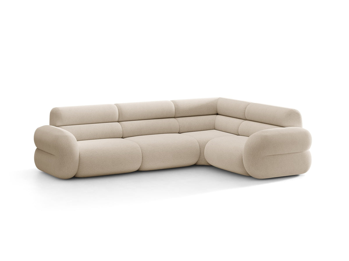 Neo Linkes Ecksofa von Micadoni in dunklem Olivgrün, L-Sofa rechts mit Bouclé-Stoffbezug, hoher Rückenlehne und schwarzen Kunststoffbeinen.