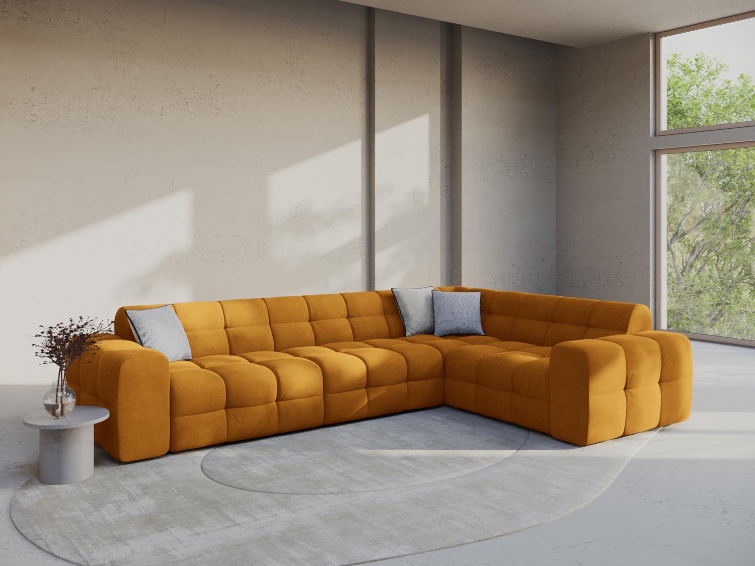 Erleben Sie das Kendal Velour Ecksofa rechts 6 Sitzer von Micadoni – elegantes Design, viel Platz und ultimativen Komfort für Ihr Wohnzimmer.
