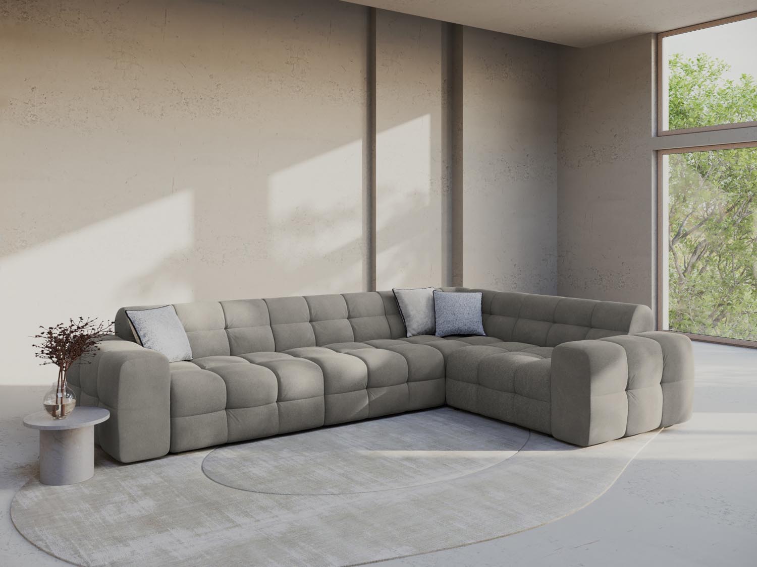 Entdecken Sie das Kendal Velour Ecksofa rechts 6 Sitzer von Micadoni – stilvolles Design, grosszügige Sitzfläche und höchsten Komfort für Ihr Zuhause.