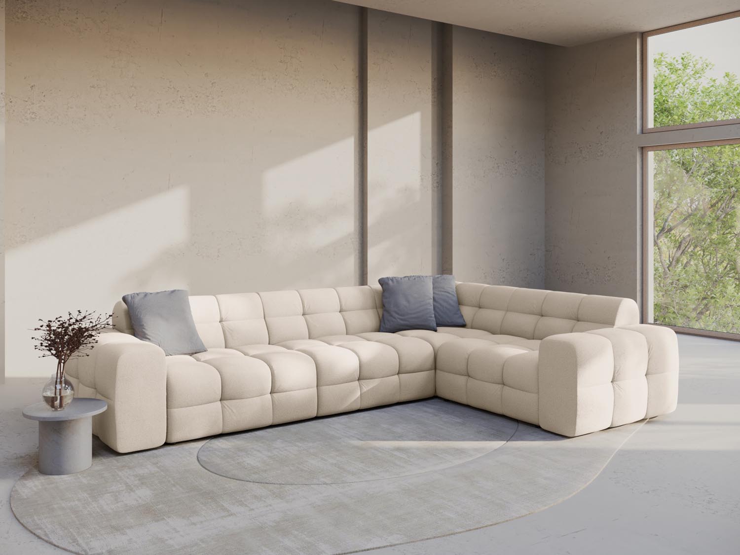 Beige Kendal Ecksofa rechts für 6 Personen, stilvoll und modern, ideal für gemütliche Wohnräume, präsentiert von Micadoni.