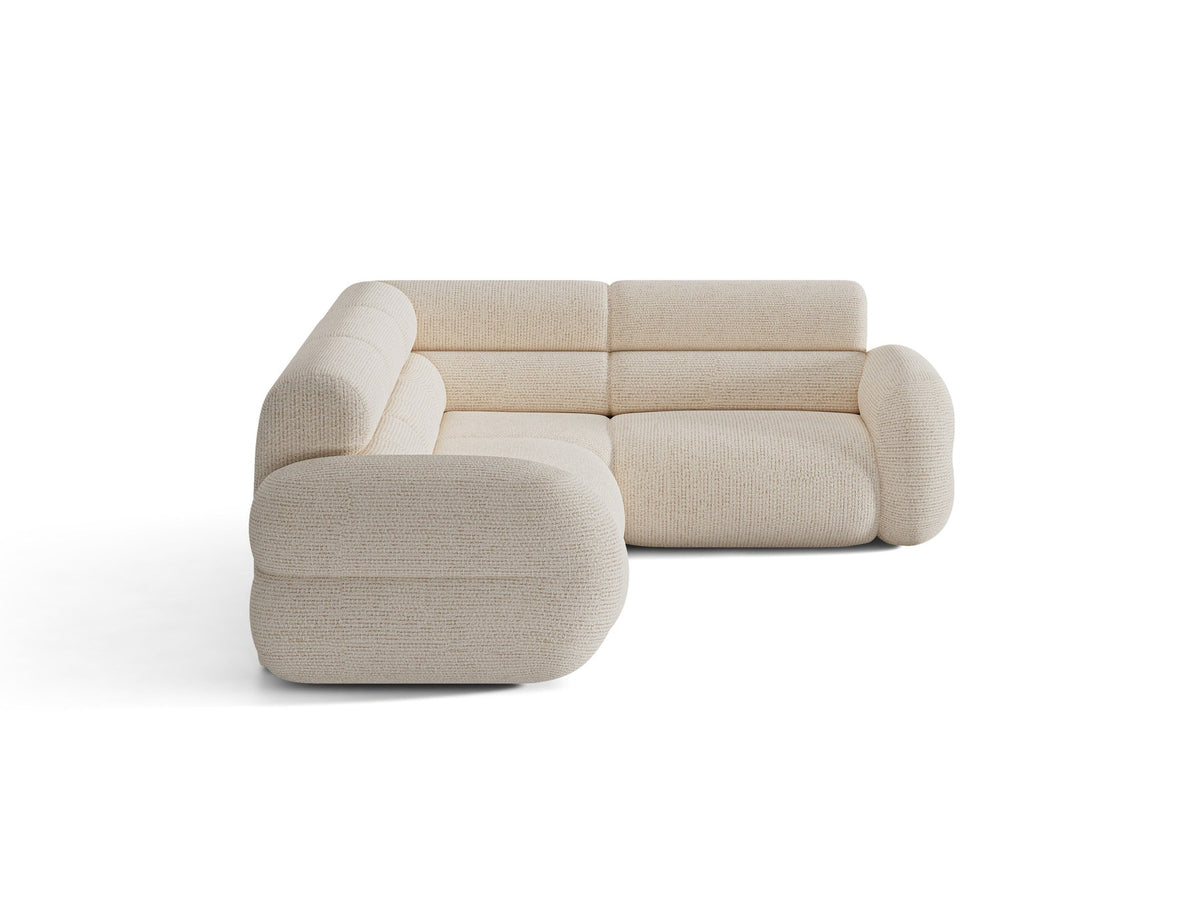 Neo Linkes Ecksofa von Micadoni in dunklem Olivgrün, L-Sofa rechts mit Bouclé-Stoffbezug, hoher Rückenlehne und schwarzen Kunststoffbeinen.