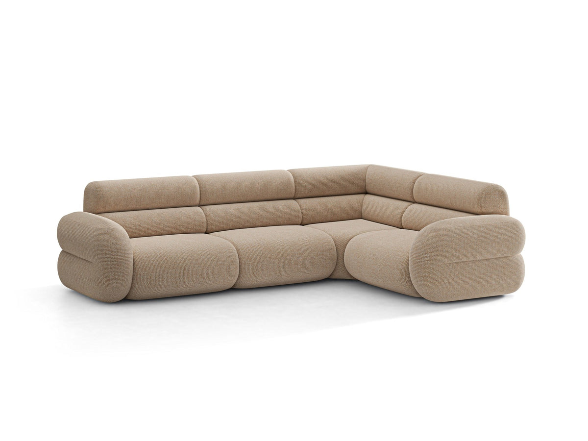 Neo Linkes Ecksofa von Micadoni in dunklem Olivgrün, L-Sofa rechts mit Bouclé-Stoffbezug, hoher Rückenlehne und schwarzen Kunststoffbeinen.