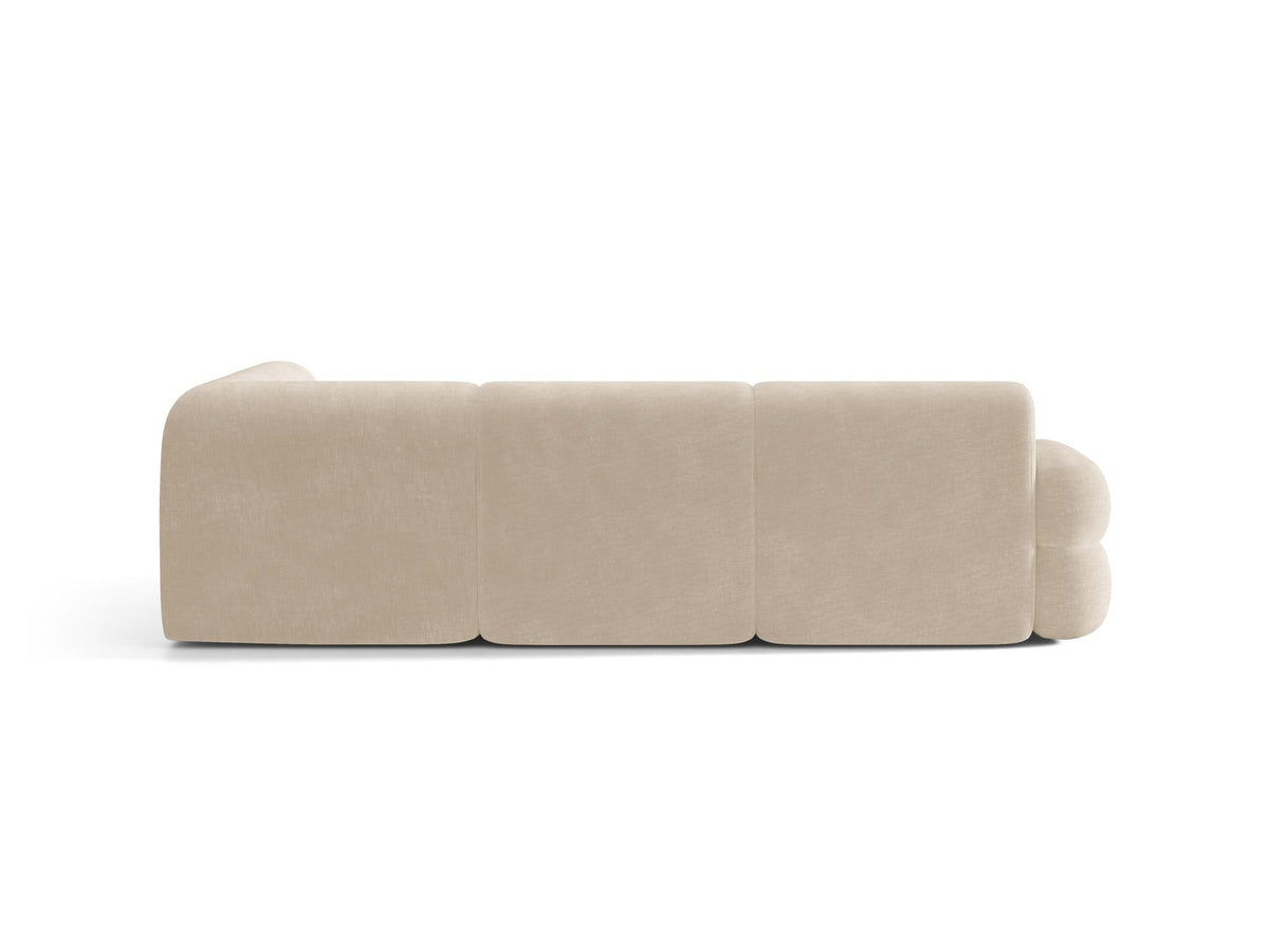 Neo Linkes Ecksofa von Micadoni in dunklem Olivgrün, L-Sofa rechts mit Bouclé-Stoffbezug, hoher Rückenlehne und schwarzen Kunststoffbeinen.