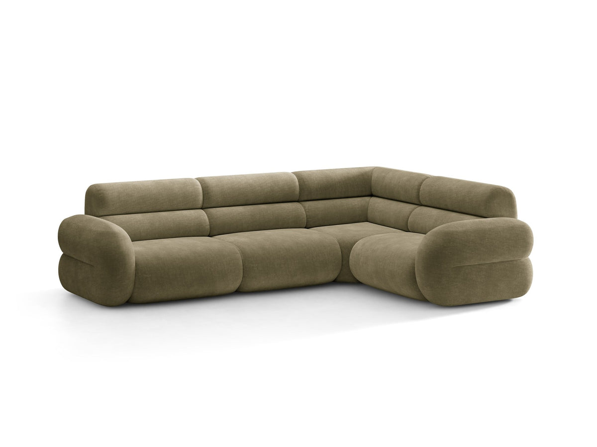 Neo Linkes Ecksofa von Micadoni in dunklem Olivgrün, L-Sofa rechts mit Bouclé-Stoffbezug, hoher Rückenlehne und schwarzen Kunststoffbeinen.