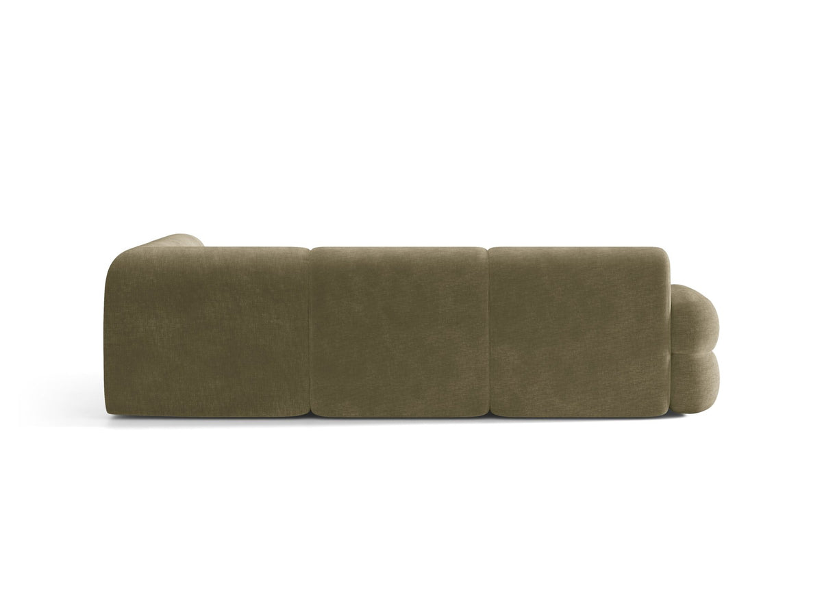 Neo Linkes Ecksofa von Micadoni in dunklem Olivgrün, L-Sofa rechts mit Bouclé-Stoffbezug, hoher Rückenlehne und schwarzen Kunststoffbeinen.