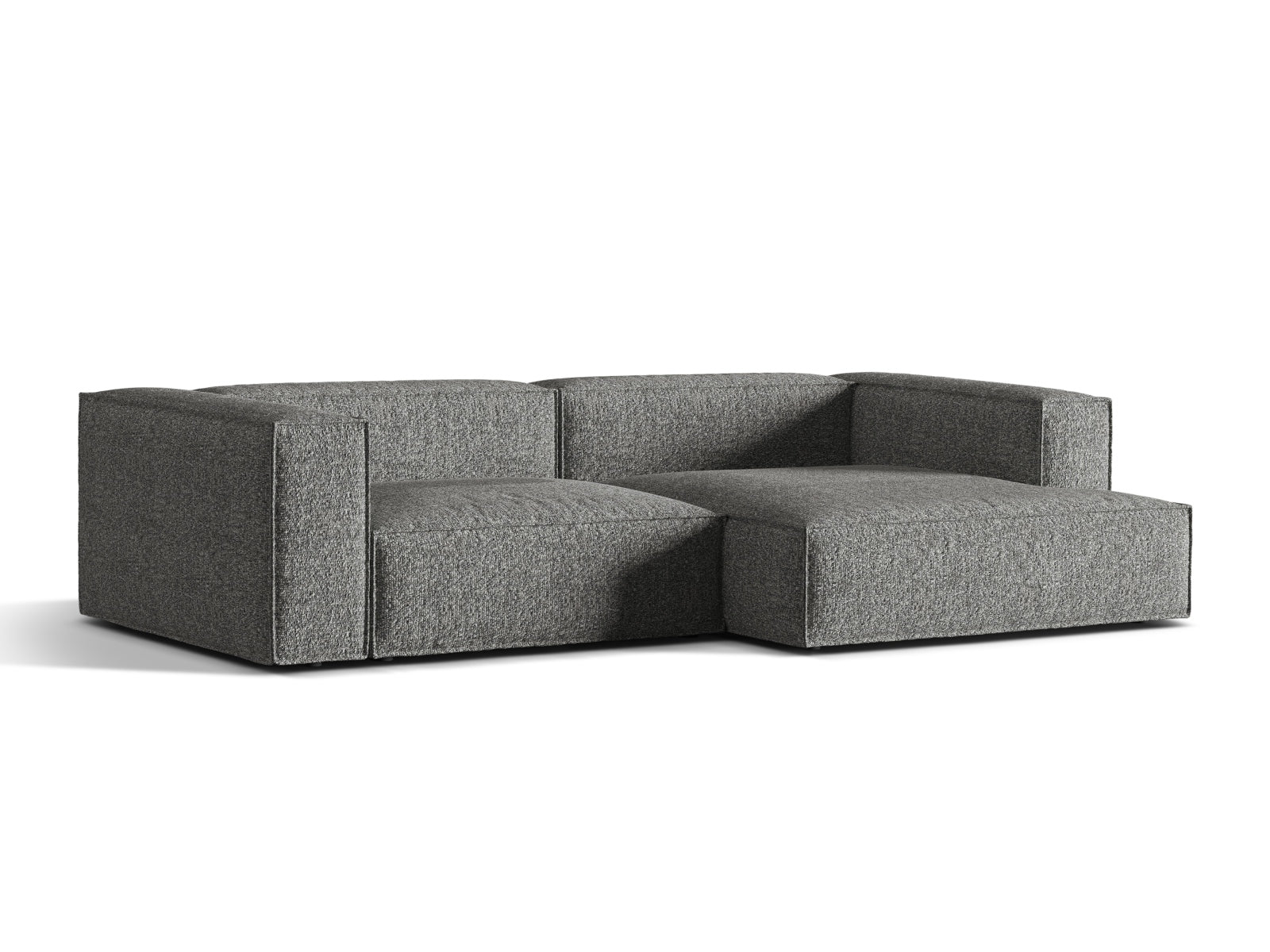 Elegantes Nuria Boucle Ecksofa in Graphit, modular und komfortabel, ideal für stilvolle Wohnräume. Perfekt für entspannte Abende.