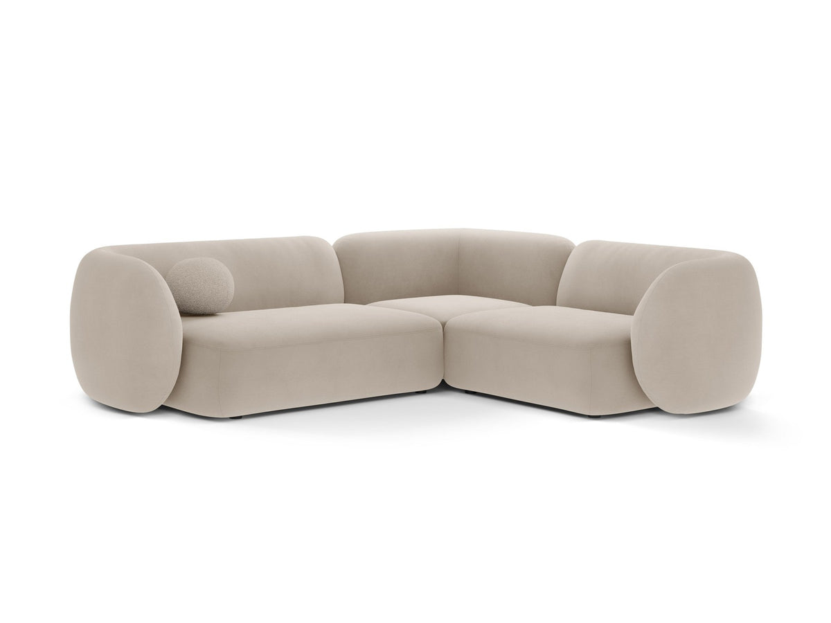 Weisses Ecksofa rechts von Micadoni aus der Kate-Serie mit strukturiertem Bouclé-Stoff, schwarzen Kunststoffbeinen und modularem Aufbau.
