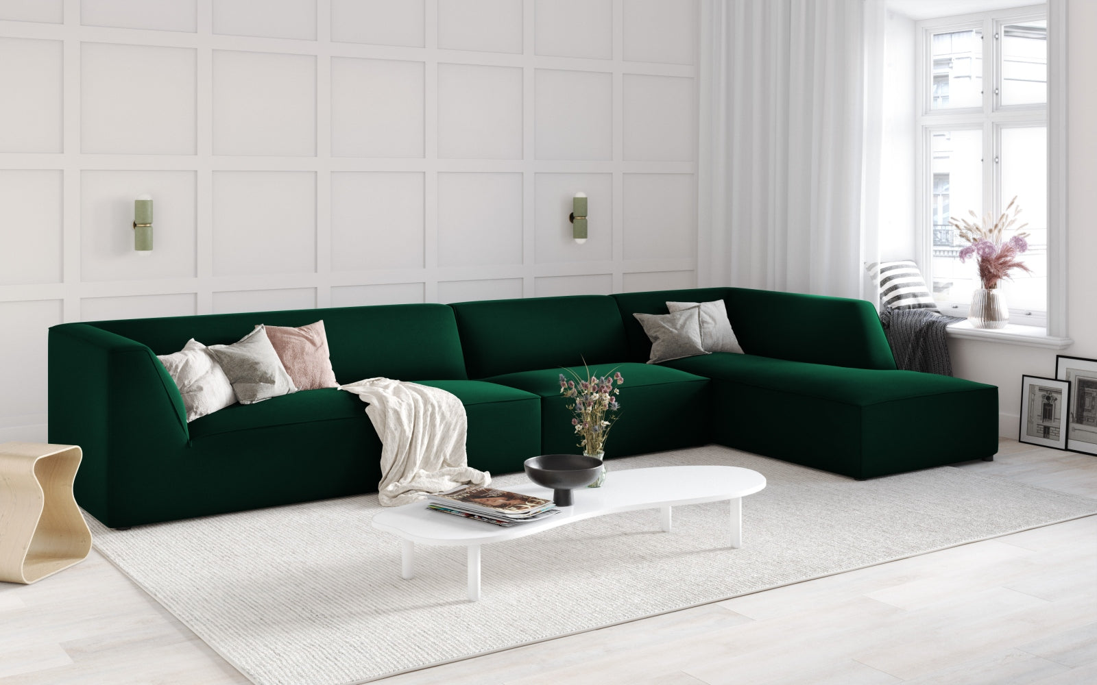 Entdecken Sie das stilvolle Ruby Velour Ecksofa rechts 5 Sitzer von Micadoni – perfekt für modernes Wohnen mit Komfort und Eleganz.