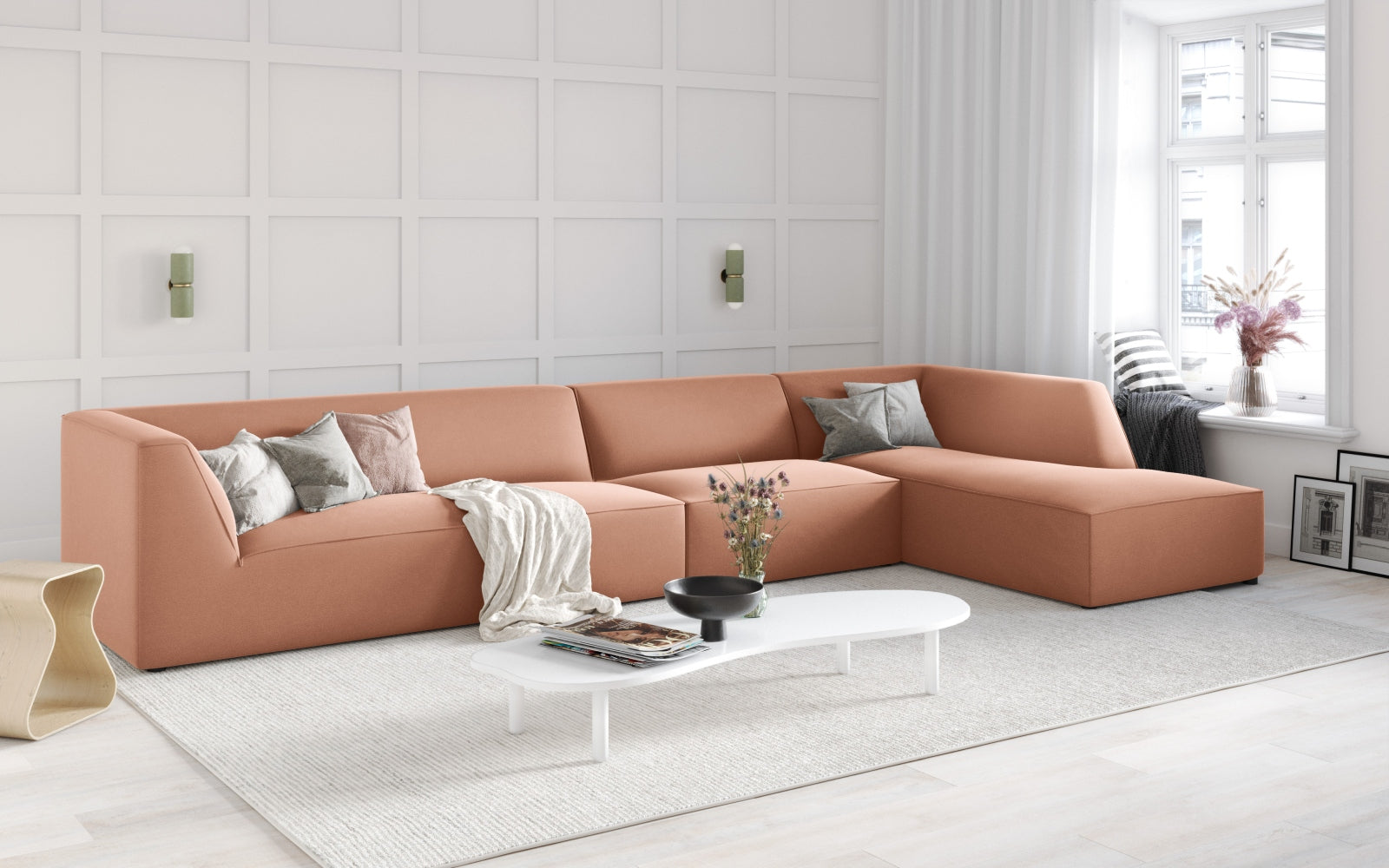 Entdecken Sie das stilvolle Ruby Velour Ecksofa rechts 5 Sitzer von Micadoni – perfekt für modernes Wohnen mit Komfort und Eleganz.