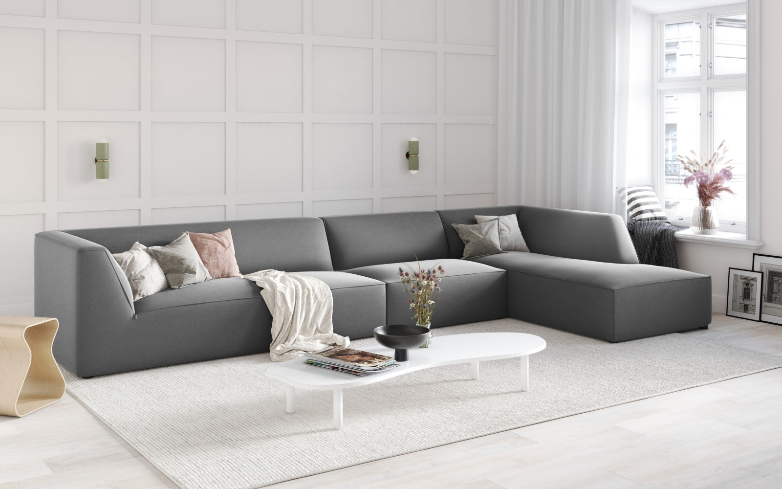 Entdecken Sie das stilvolle Ruby Velour Ecksofa rechts 5 Sitzer von Micadoni – perfekt für modernes Wohnen mit Komfort und Eleganz.