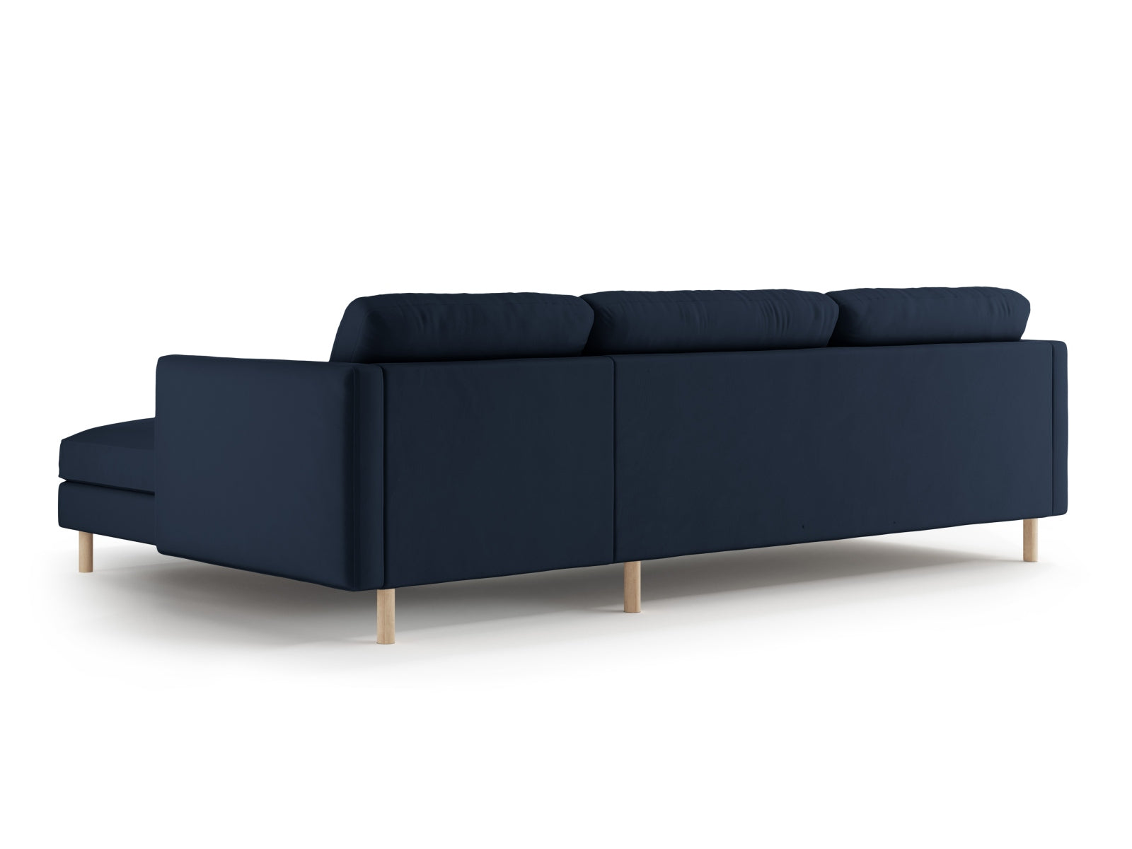 Modernes Eden Velour Ecksofa rechts in edlem Dunkelblau, perfekt für entspannte Stunden und ein stilvolles Ambiente in Ihrem Zuhause.