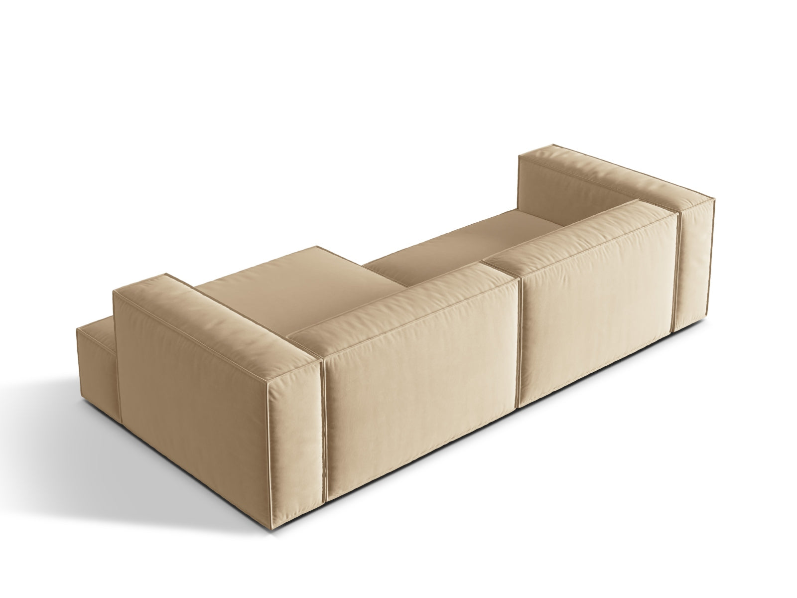 Elegantes Nuria Velour Ecksofa in zartem Nude-Ton, 4-Sitzer, rechtsseitig, ideal für stilvolle und gemütliche Wohnräume.