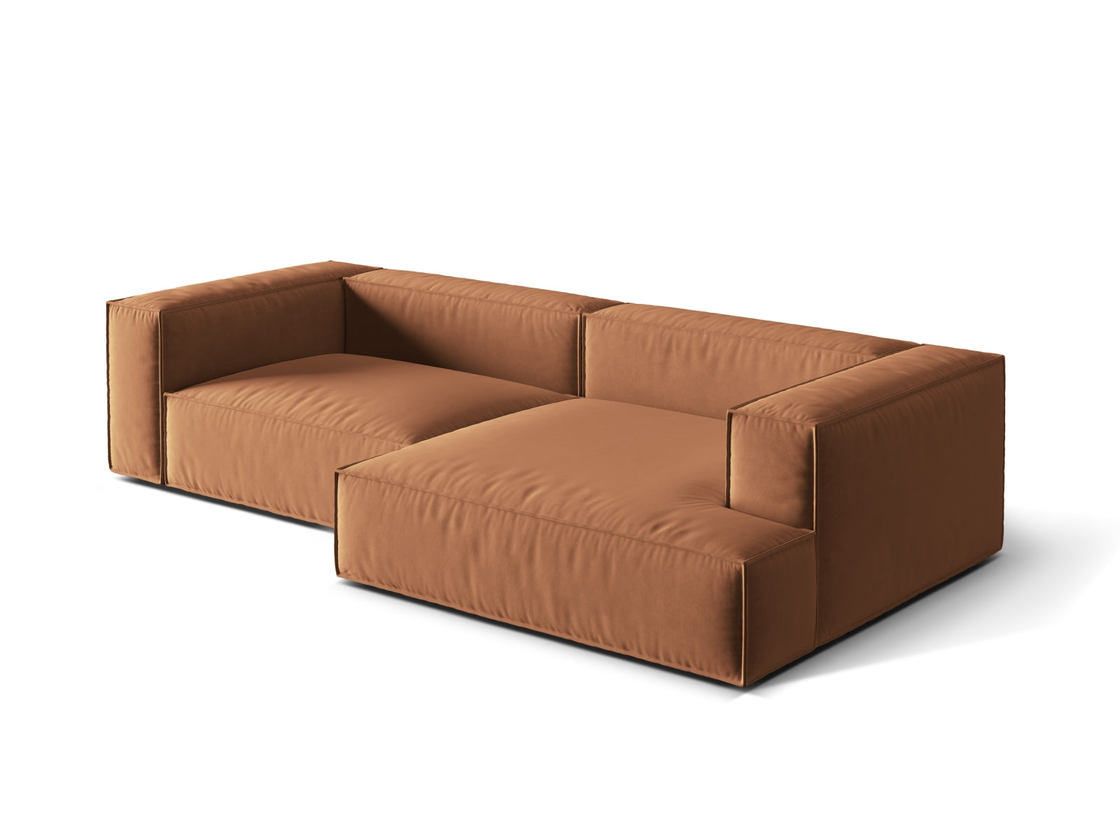 Modulares Nuria Velour Ecksofa in warmem Honey-Paris, 4-Sitzer, rechtsseitig, perfekt für moderne und gemütliche Wohnambiente.