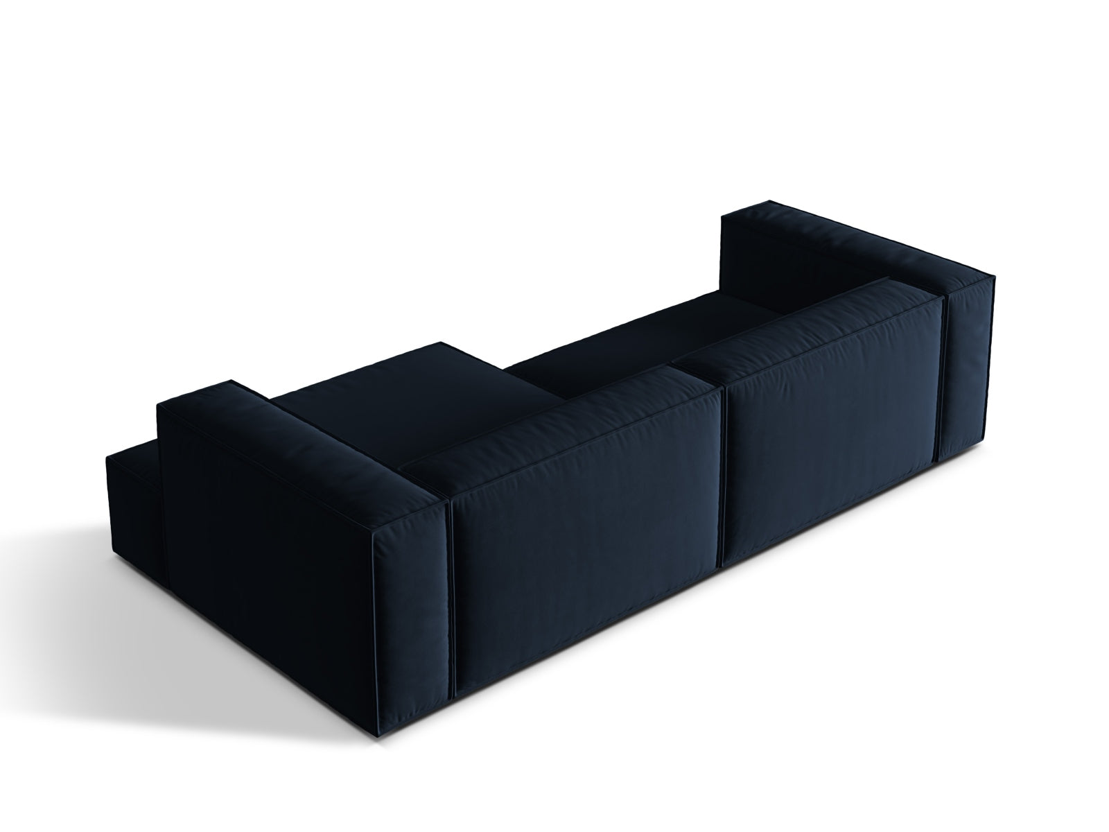Elegantes, modulares Ecksofa in tiefem Blau, 4-Sitzer, rechtsseitig, ideal für stilvolle und gemütliche Wohnräume.