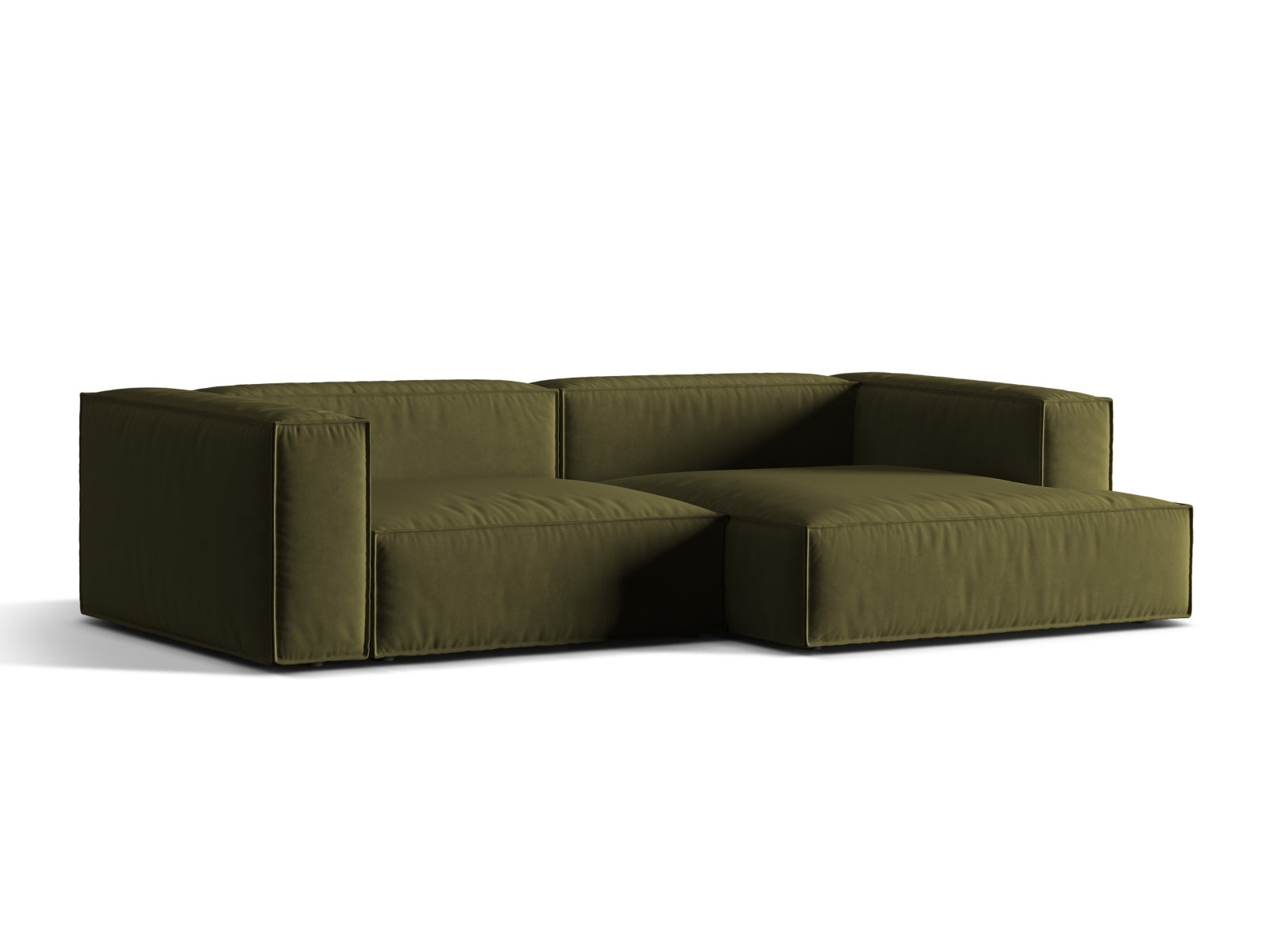 Elegantes Nuria Velour Ecksofa in Moss Green Melange, ideal für stilvolle Wohnräume. Modular und bequem, perfekt für entspannte Abende.