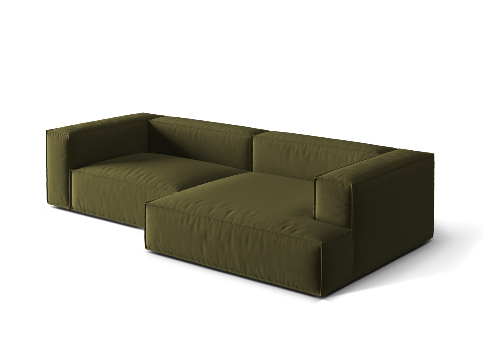 Modulares Nuria Velour Ecksofa in edlem Moss Green Melange, bietet Platz für vier Personen und vereint Komfort mit modernem Design.