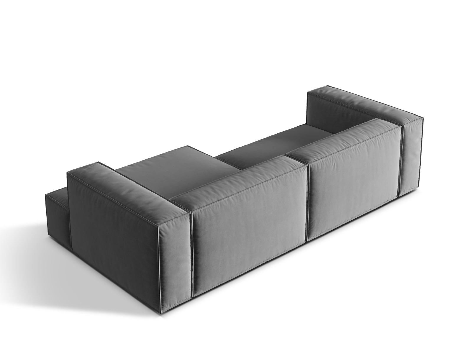 Elegantes Nuria Velour Ecksofa in zeitlosem Grau, 4-Sitzer mit rechter Ecke, ideal für stilvolle und komfortable Wohnräume.