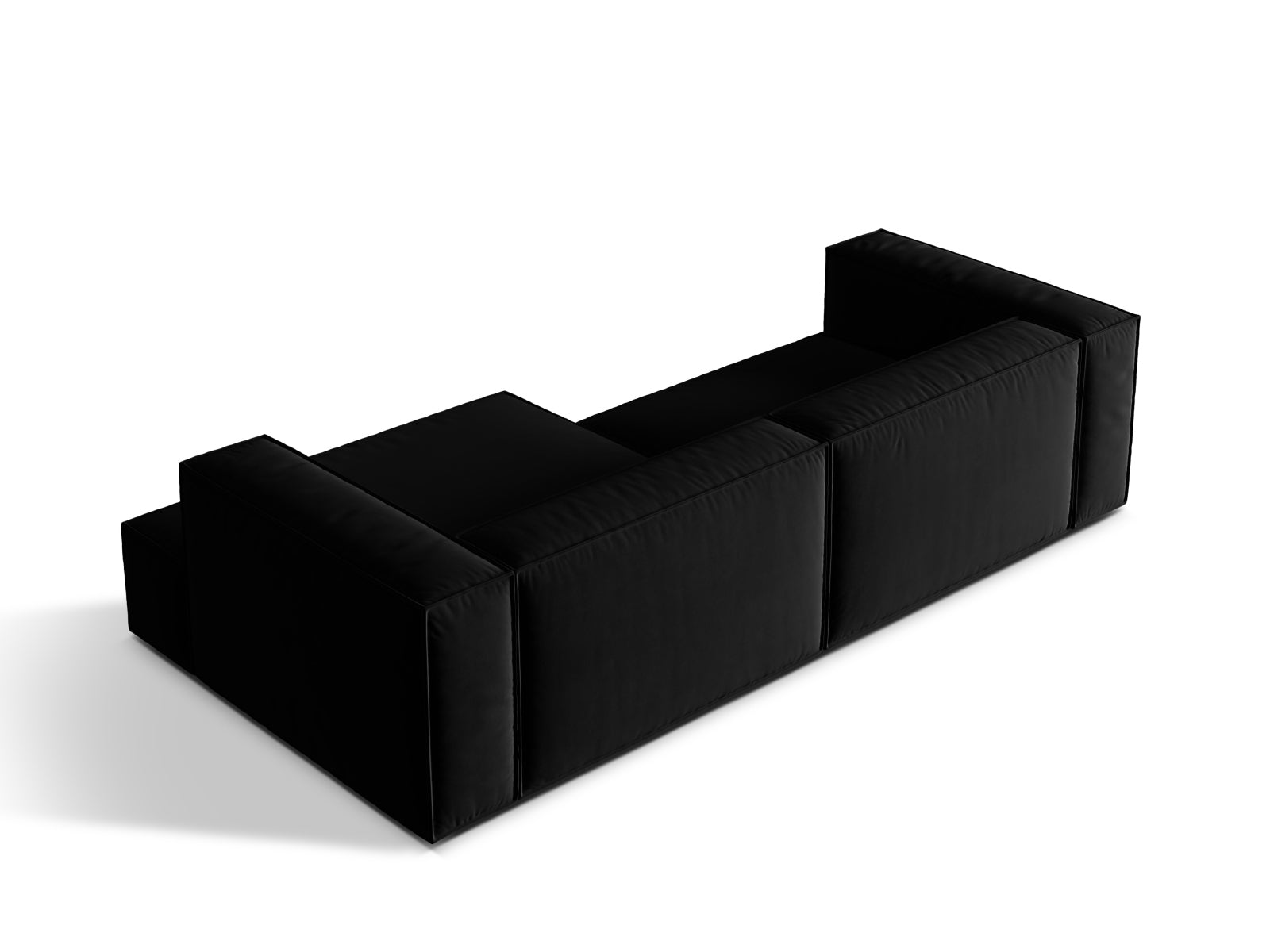 Elegantes Nuria Velour Ecksofa in stilvollem Schwarz, 4-Sitzer, ideal für gemütliche Wohnzimmer und moderne Einrichtungskonzepte.